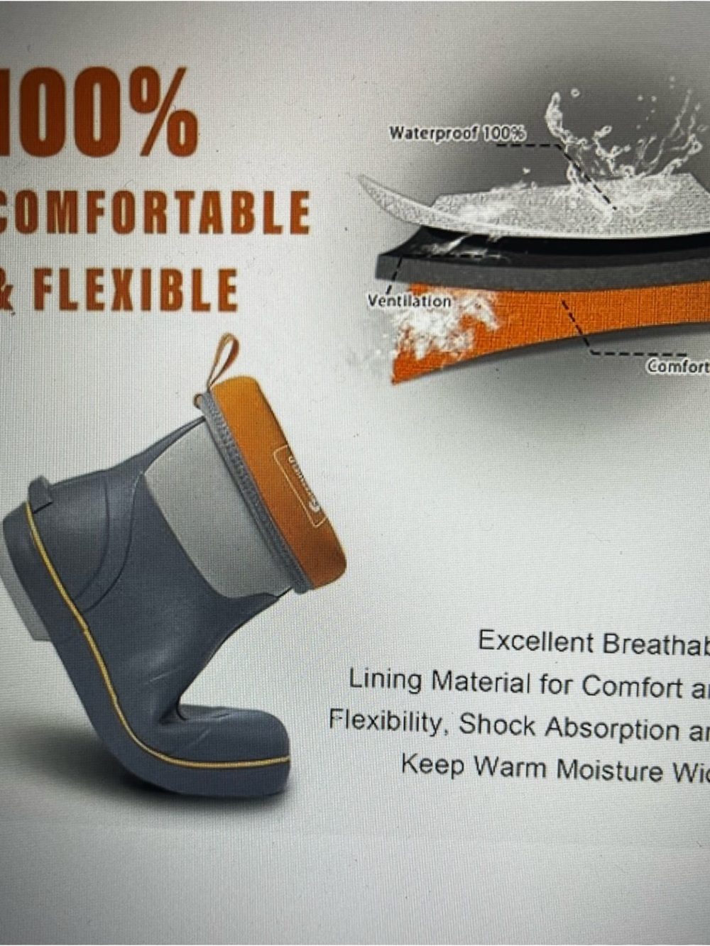 Men’s Gray Waterproof Rain Boots with Yellowish orange  Trim - Picture 3 of 8